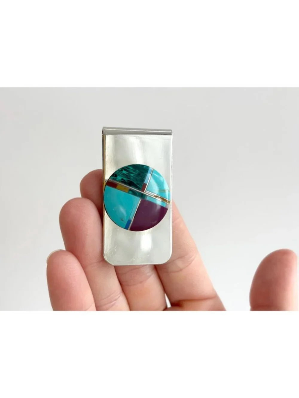 Natural Stone Inlaid Southwest Vintage Stainless Steel Money Clip